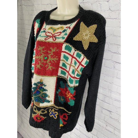 Cabin Creek Chunky Knit Christmas Tree Shoulder Pad Jingle Bell Beaded Sweater L - Picture 3 of 9